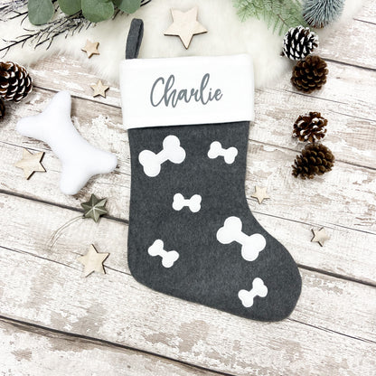 Personalised Pet Bone Print Christmas Stocking in Dark Grey