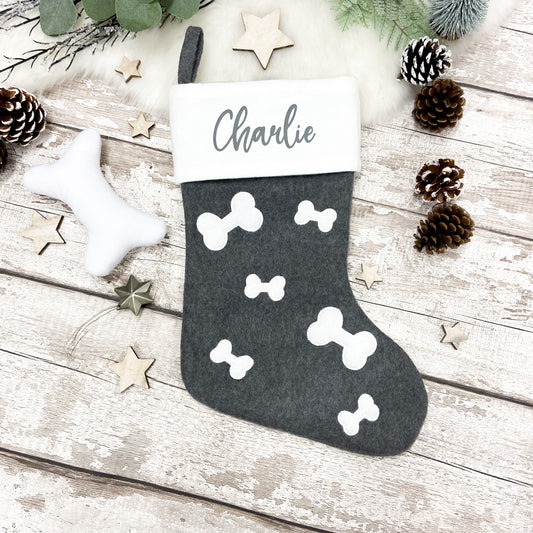 Personalised Pet Bone Print Christmas Stocking in Dark Grey