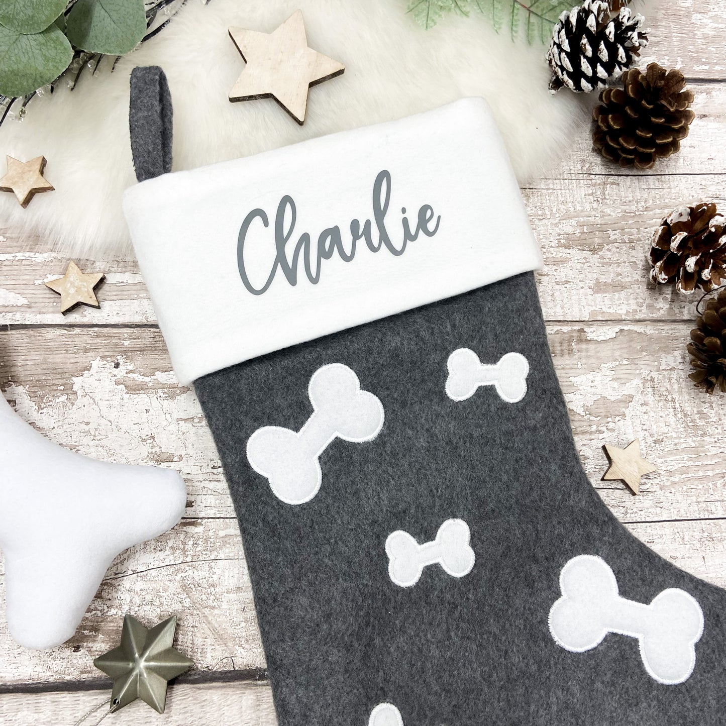 Personalised Pet Bone Print Christmas Stocking in Dark Grey