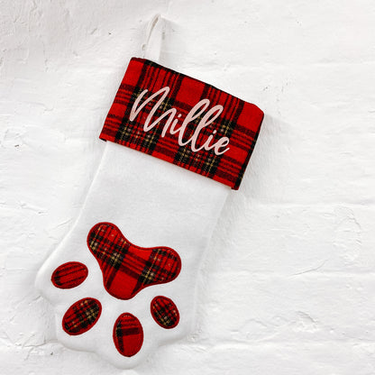 Personalised Pet Paw Christmas Stocking Red Tartan
