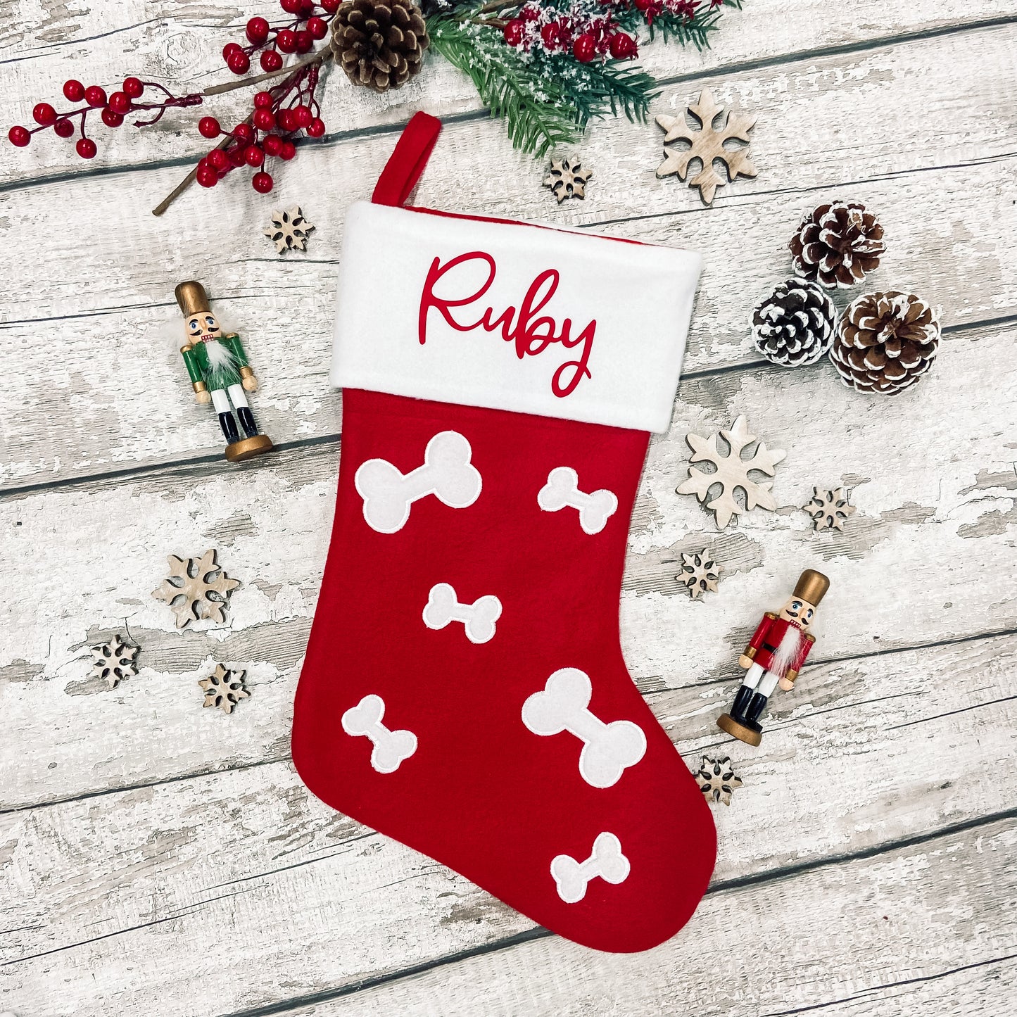 Personalised Pet Bone Print Christmas Stocking in red