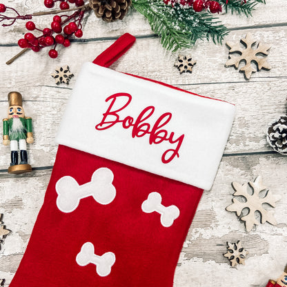 Personalised Pet Bone Print Christmas Stocking in red