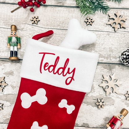 Personalised Pet Bone Print Christmas Stocking in red