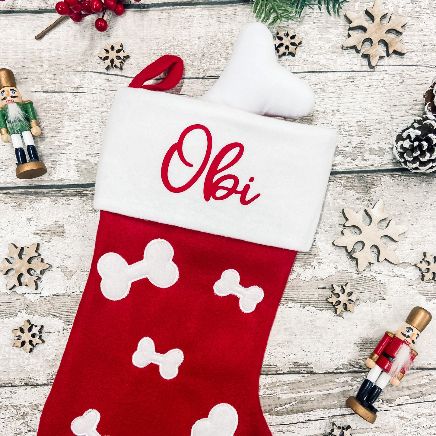 Personalised Pet Bone Print Christmas Stocking in red