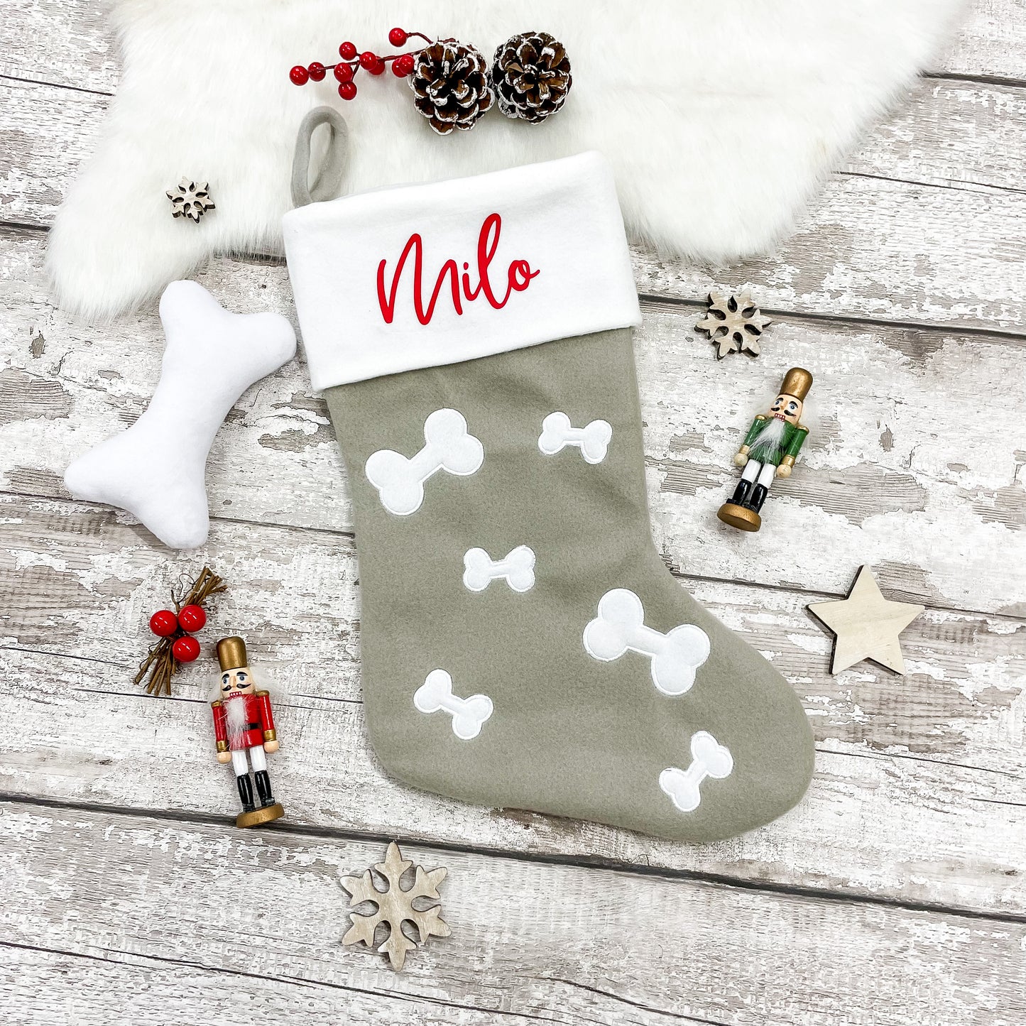 Personalised Pet Bone Print Christmas Stocking in Light Grey