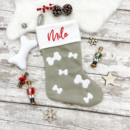 Personalised Pet Bone Print Christmas Stocking in Light Grey