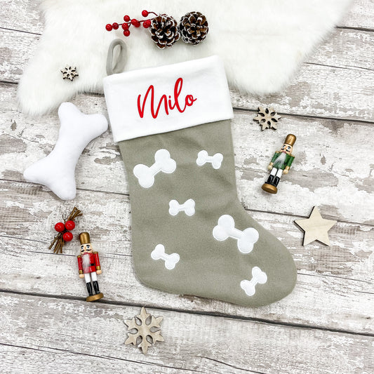 Personalised Pet Bone Print Christmas Stocking in Light Grey