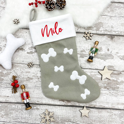 Personalised Pet Bone Print Christmas Stocking in Light Grey