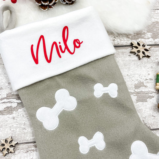 Personalised Pet Bone Print Christmas Stocking in Light Grey