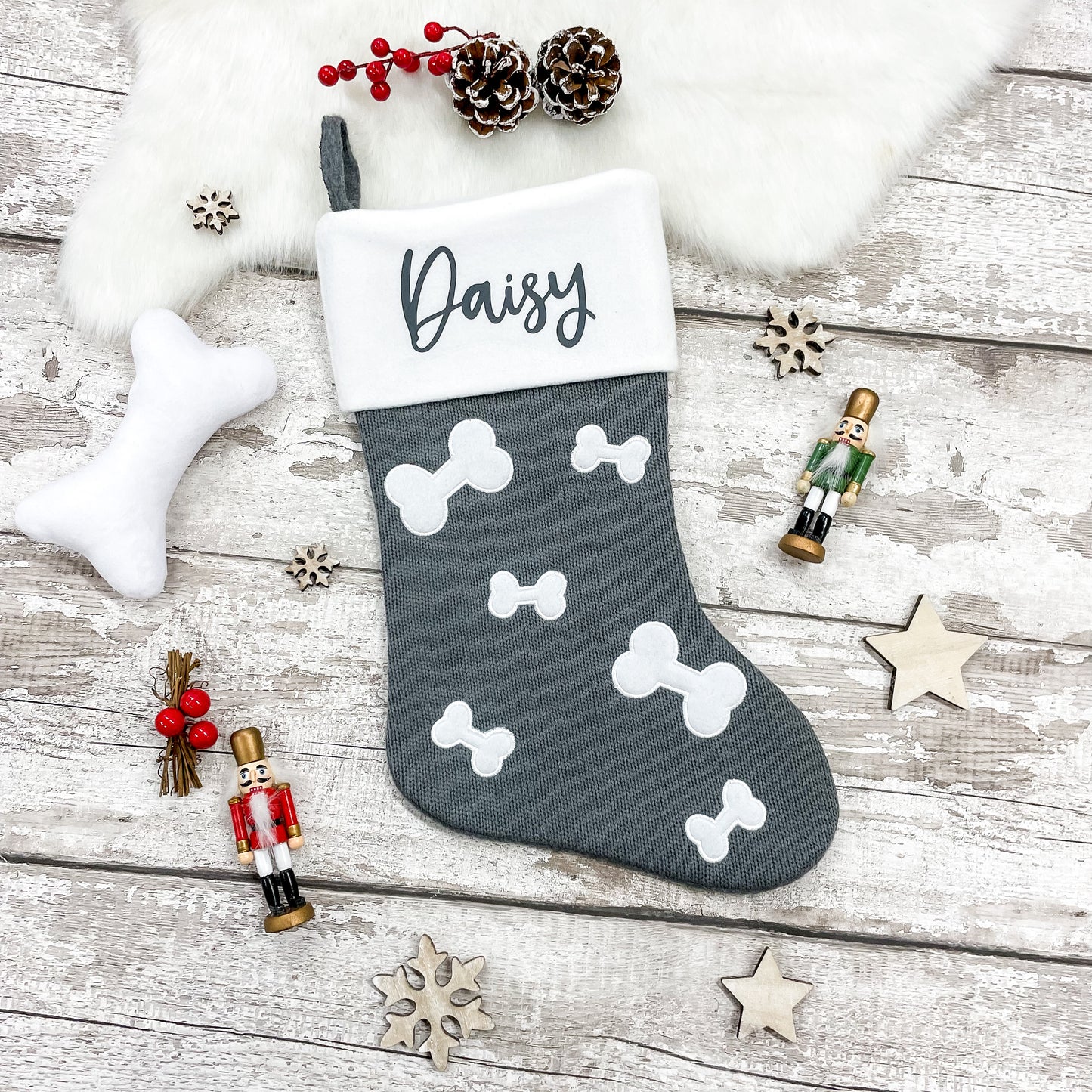 Personalised Pet Bone Print Knitted Christmas Stocking in Dark grey
