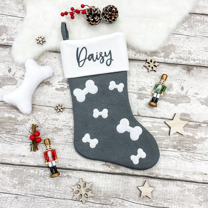 Personalised Pet Bone Print Knitted Christmas Stocking in Dark grey