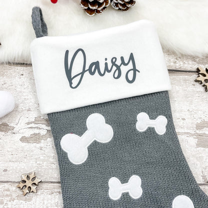 Personalised Pet Bone Print Knitted Christmas Stocking in Dark grey