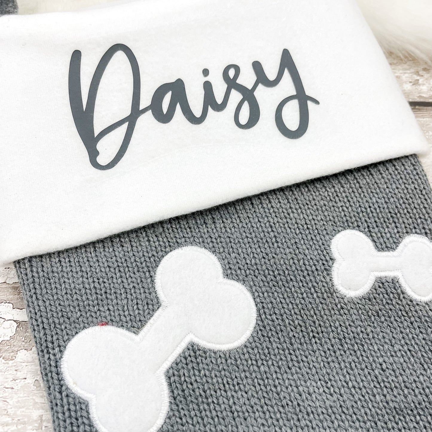 Personalised Pet Bone Print Knitted Christmas Stocking in Dark grey