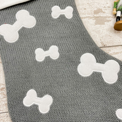 Personalised Pet Bone Print Knitted Christmas Stocking in Dark grey