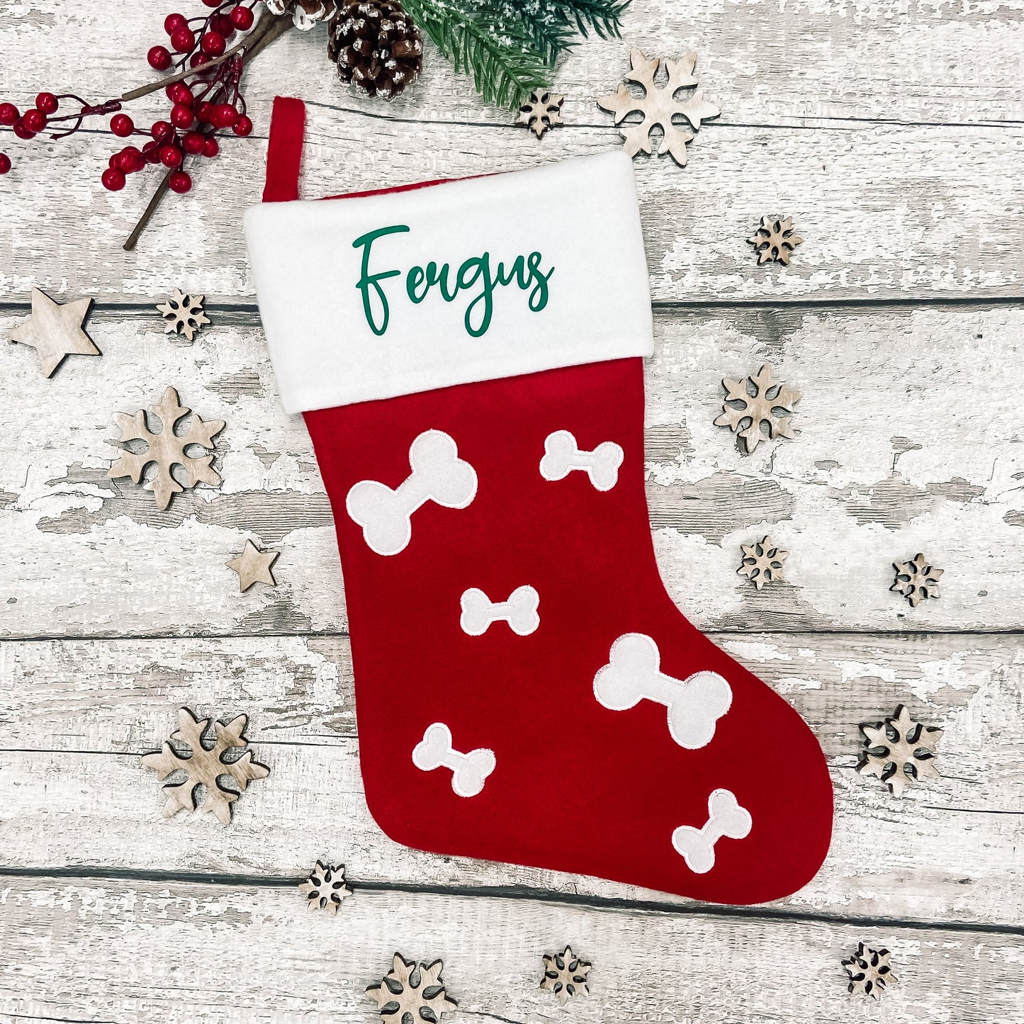Personalised Pet Bone Print Christmas Stocking in red