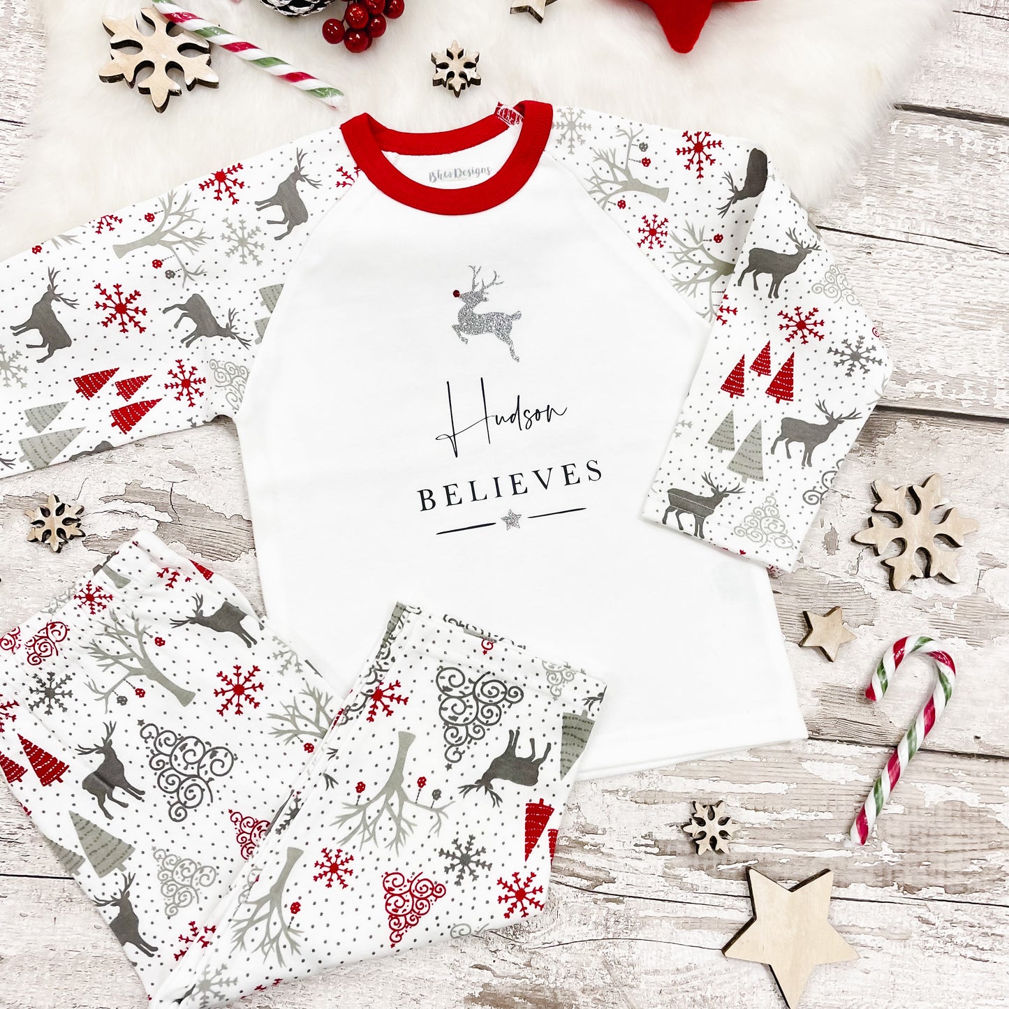 Personalised Believes Silver Reindeer Pyjamas