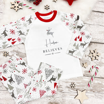 Personalised Believes Silver Reindeer Pyjamas