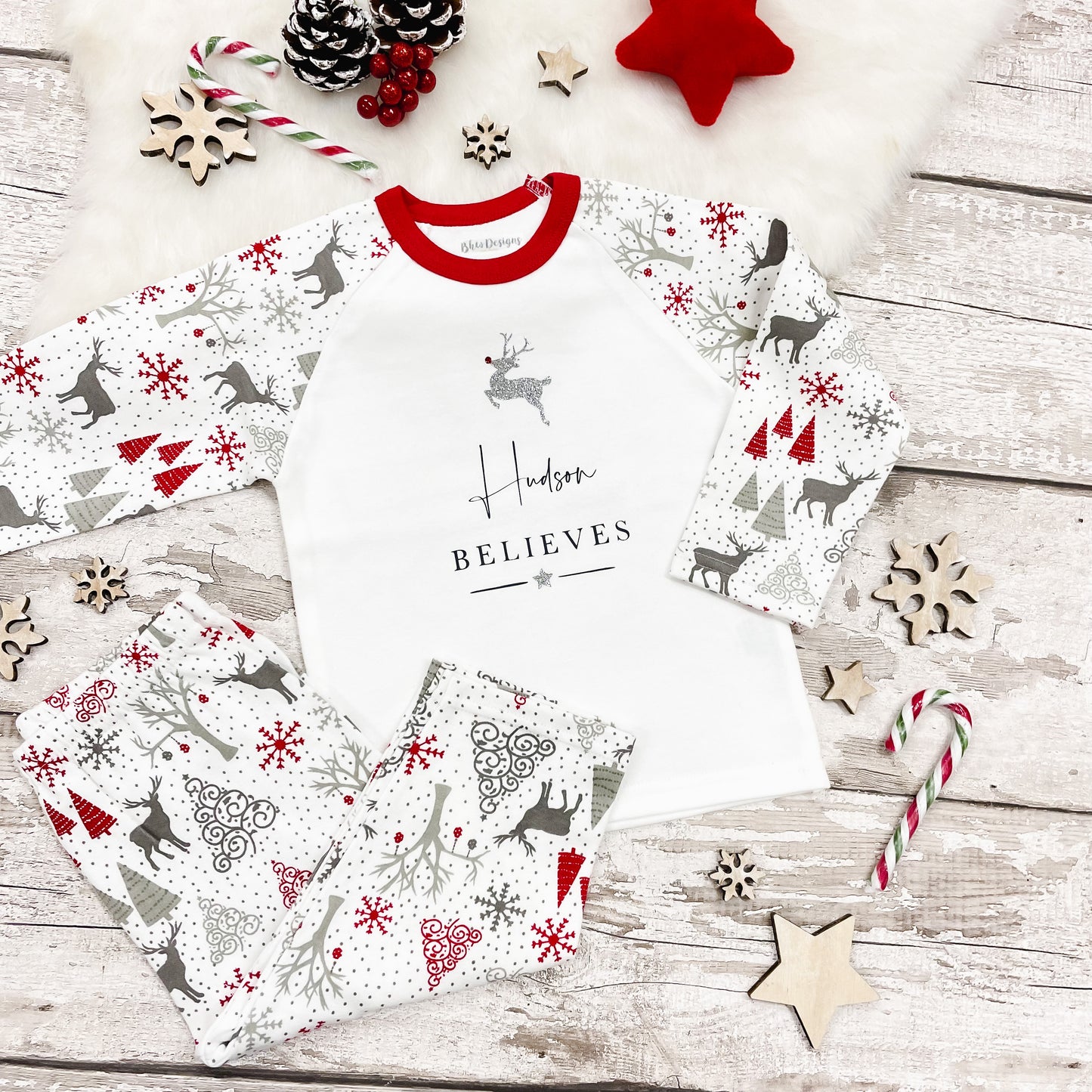 Personalised Believes Silver Reindeer Pyjamas
