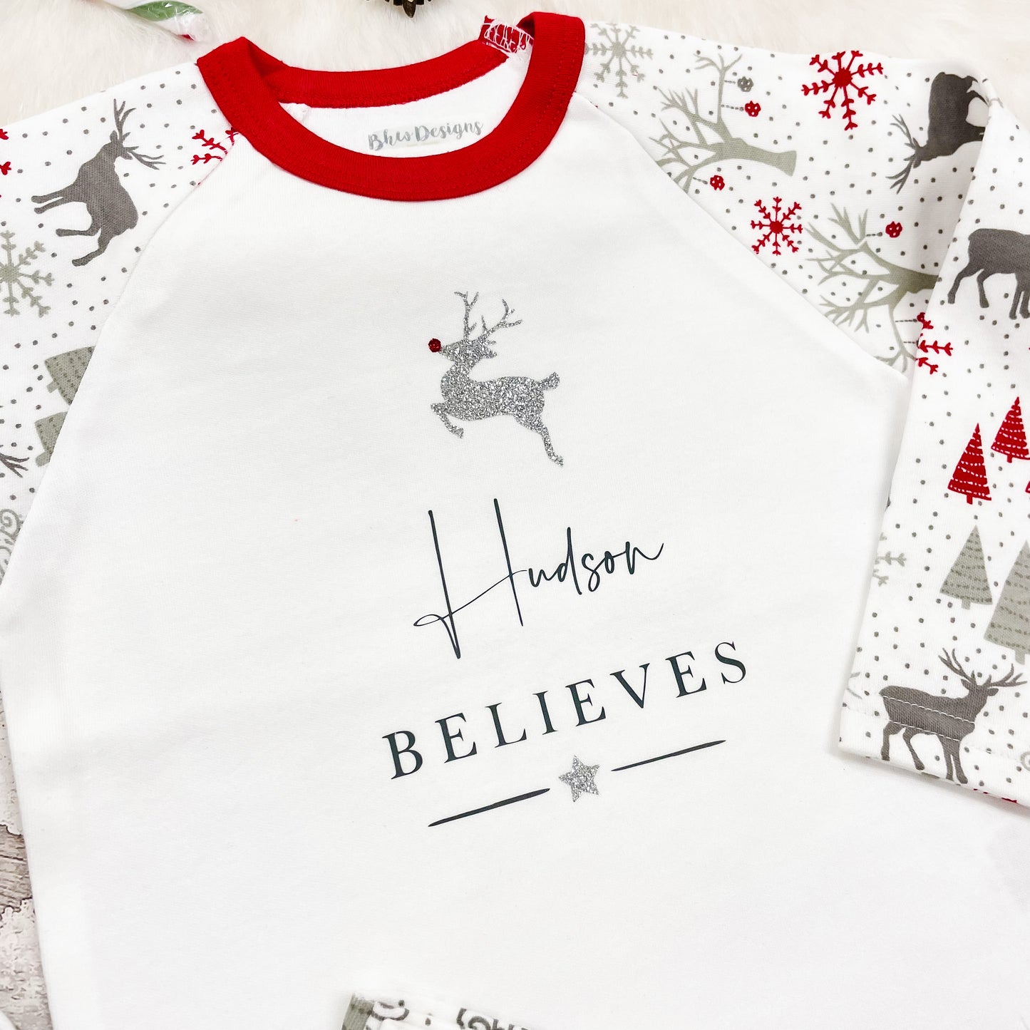 Personalised Believes Silver Reindeer Pyjamas