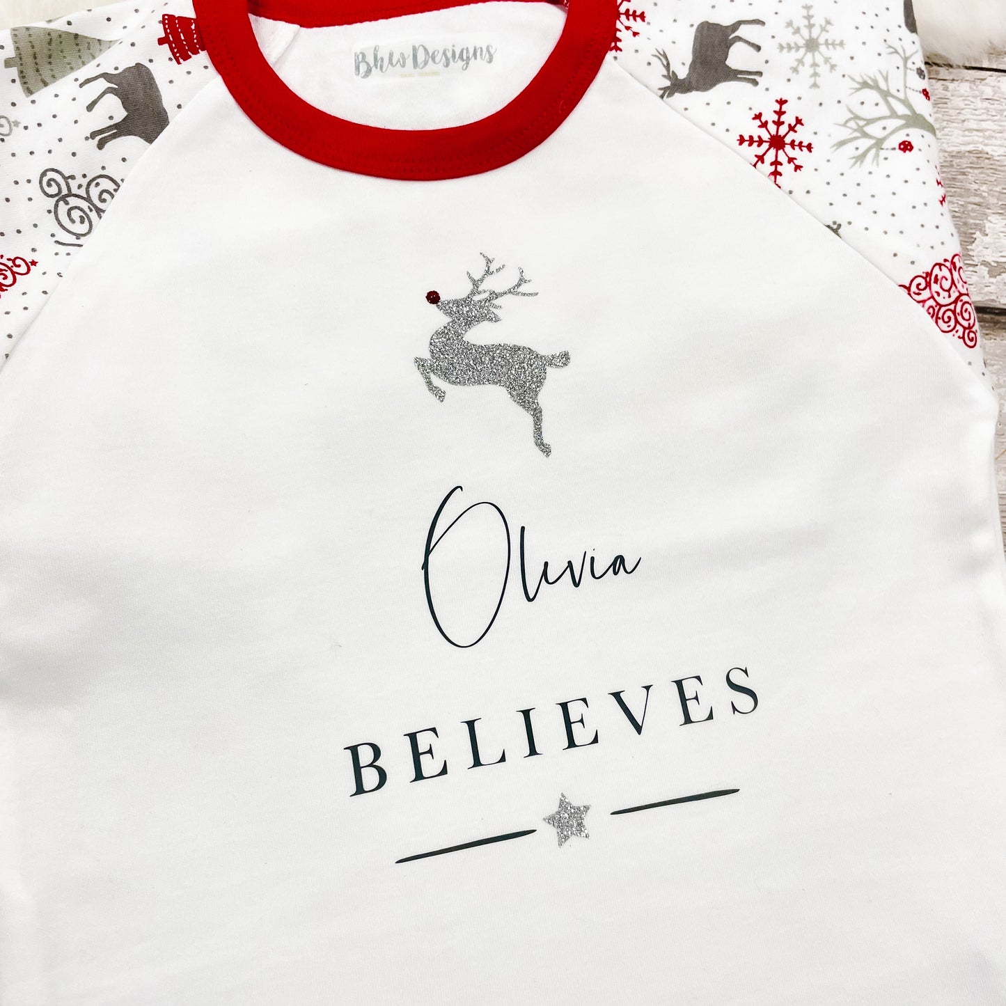 Personalised Believes Silver Reindeer Pyjamas