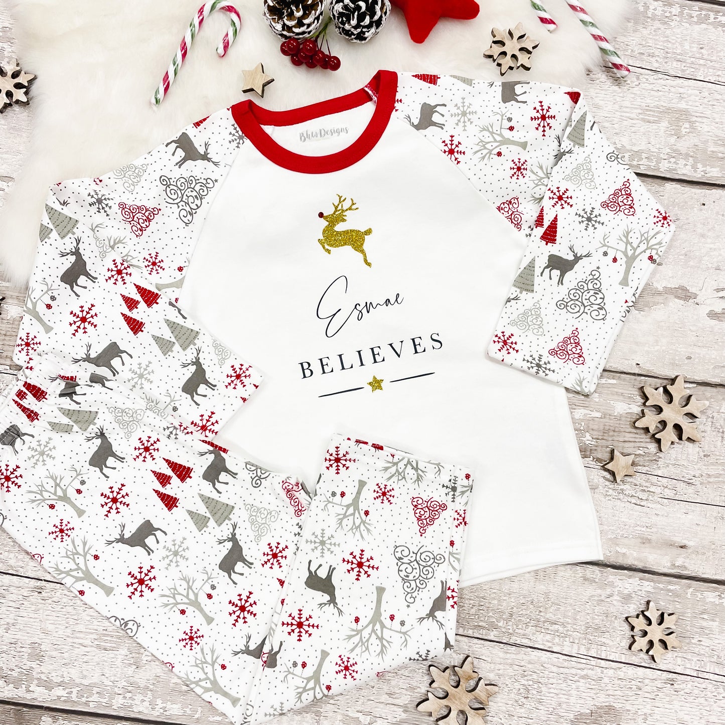 Personalised Believes Gold Reindeer Pyjamas