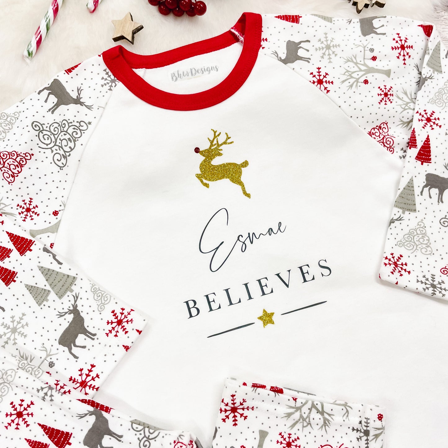 Personalised Believes Gold Reindeer Pyjamas