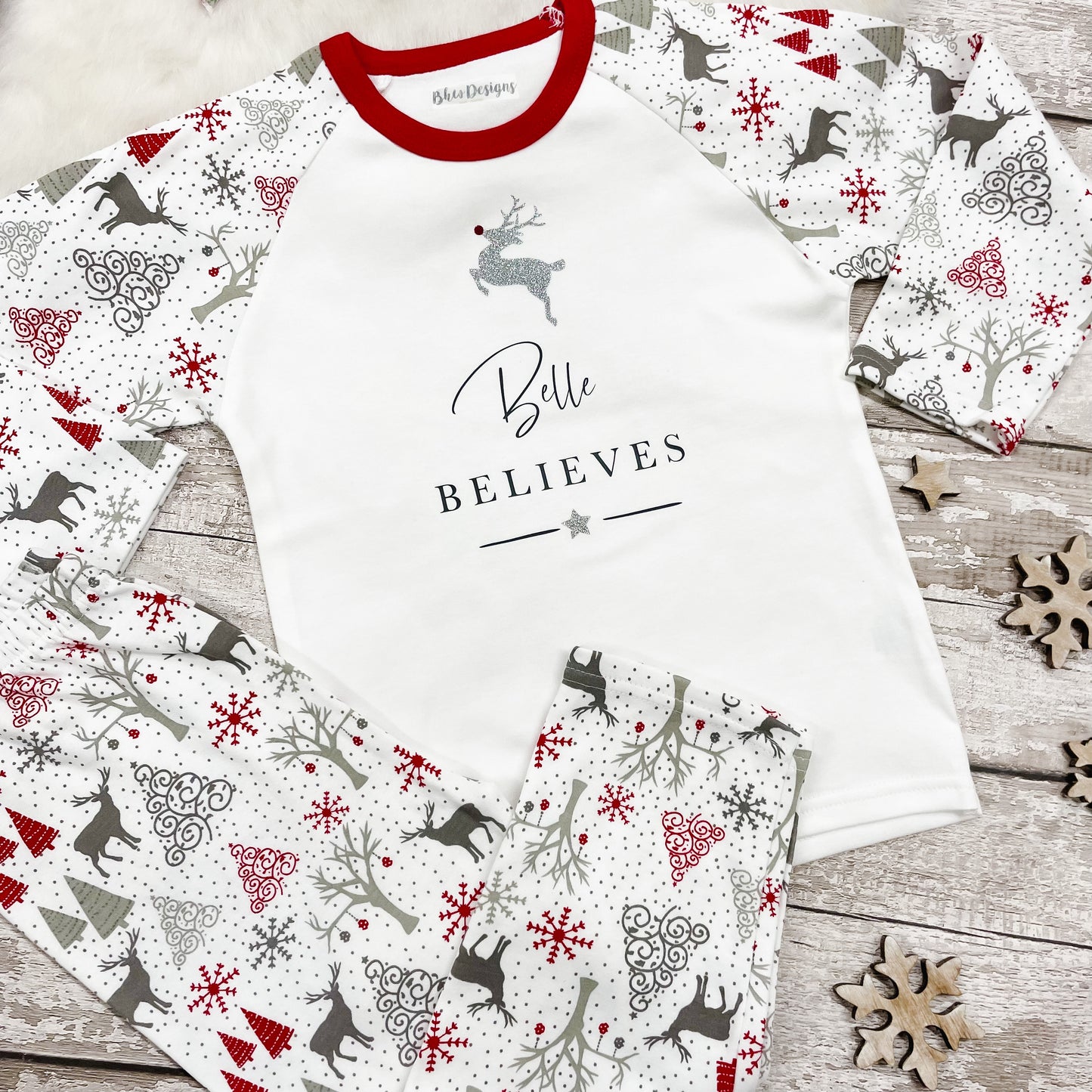Personalised Believes Silver Reindeer Pyjamas