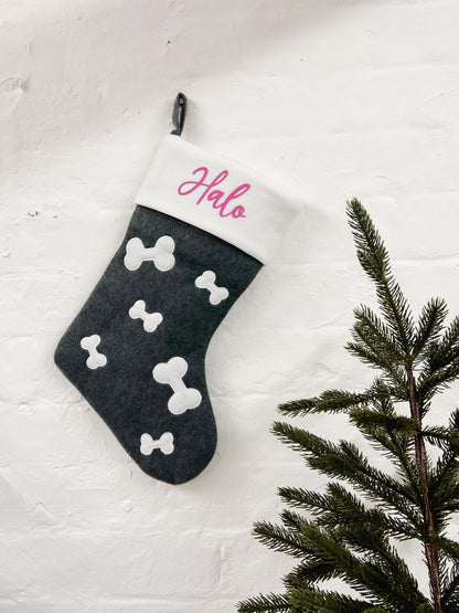 Personalised Pet Bone Print Christmas Stocking in Dark Grey