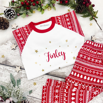 Children's red and white fair isle print patterned top and bottoms personalised in red with gold stars 