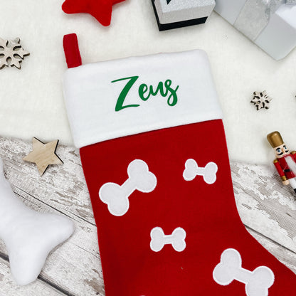 Personalised Pet Bone Print Christmas Stocking in red