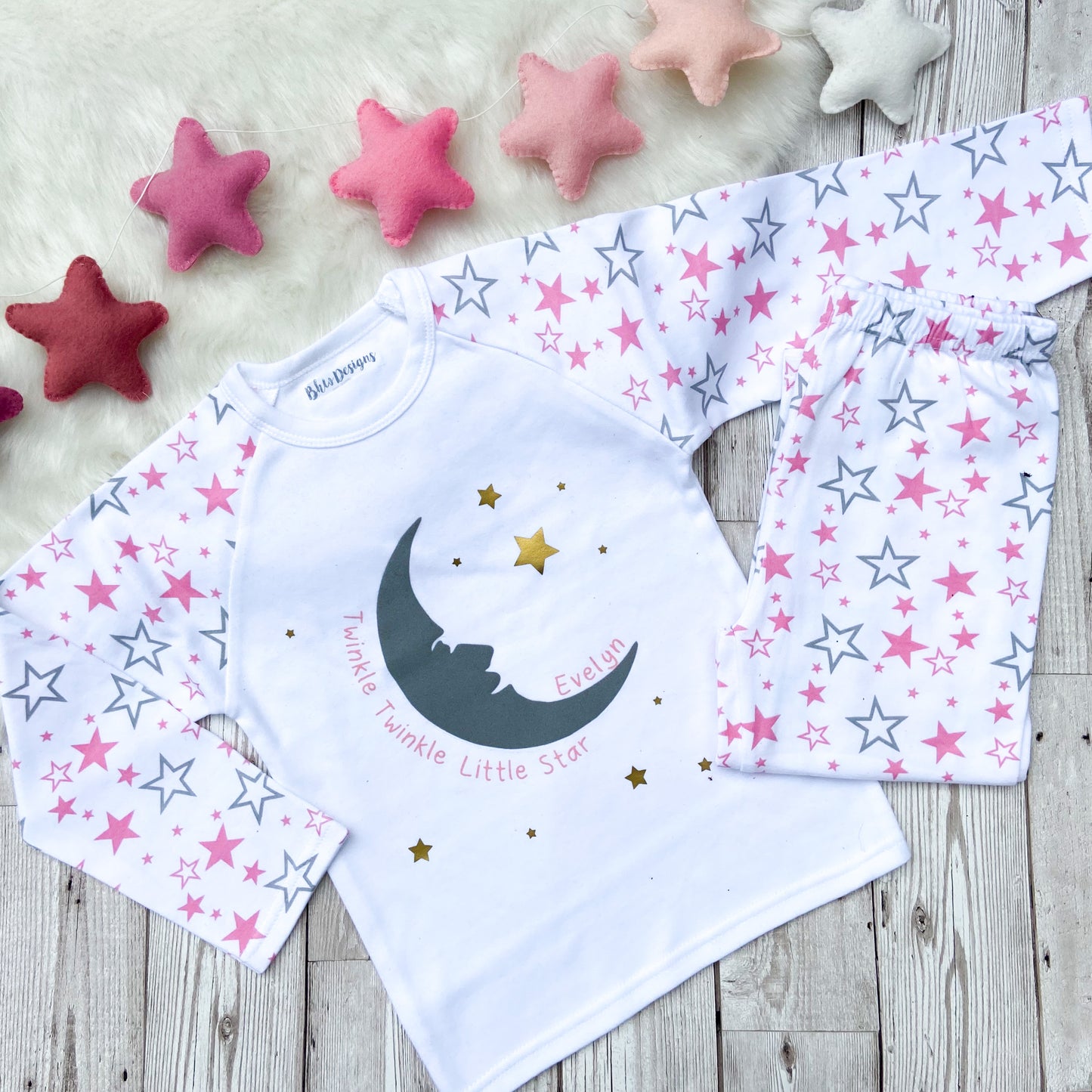 Personalised Pink Children's Moon and stars Pyjamas