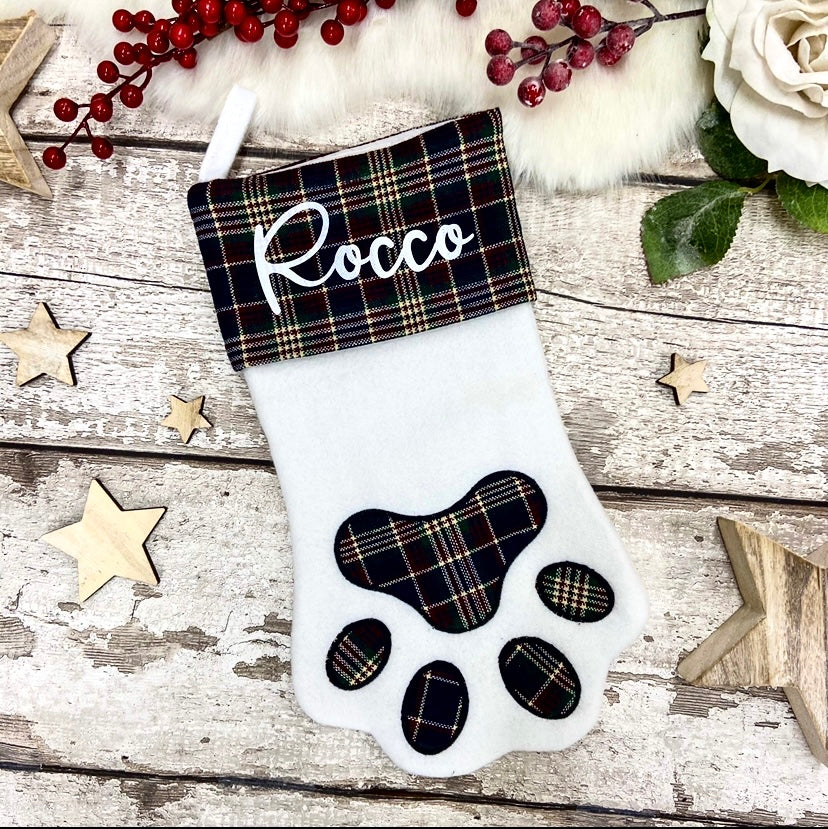 Personalised Pet Paw Christmas Stocking Green Tartan