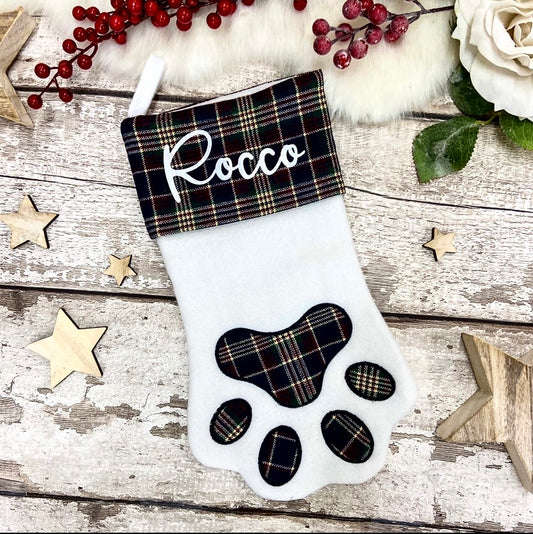 Personalised Pet Paw Christmas Stocking Green Tartan