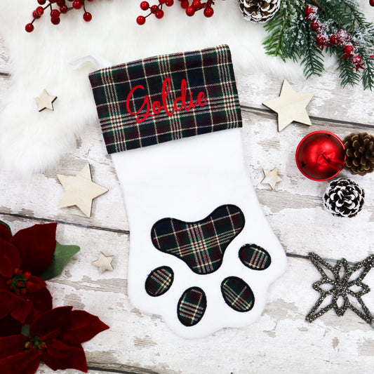 Personalised Pet Paw Christmas Stocking Green Tartan