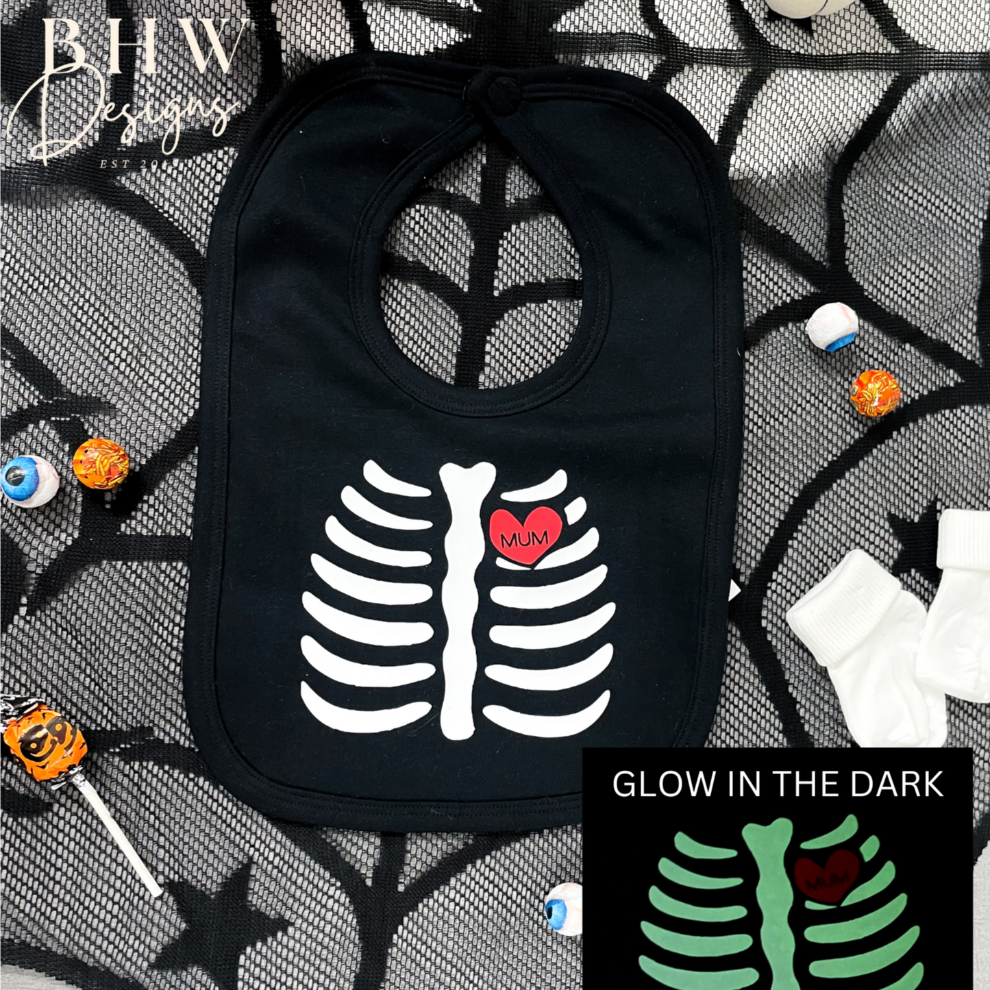 Black Skeleton Glow in the dark Bib