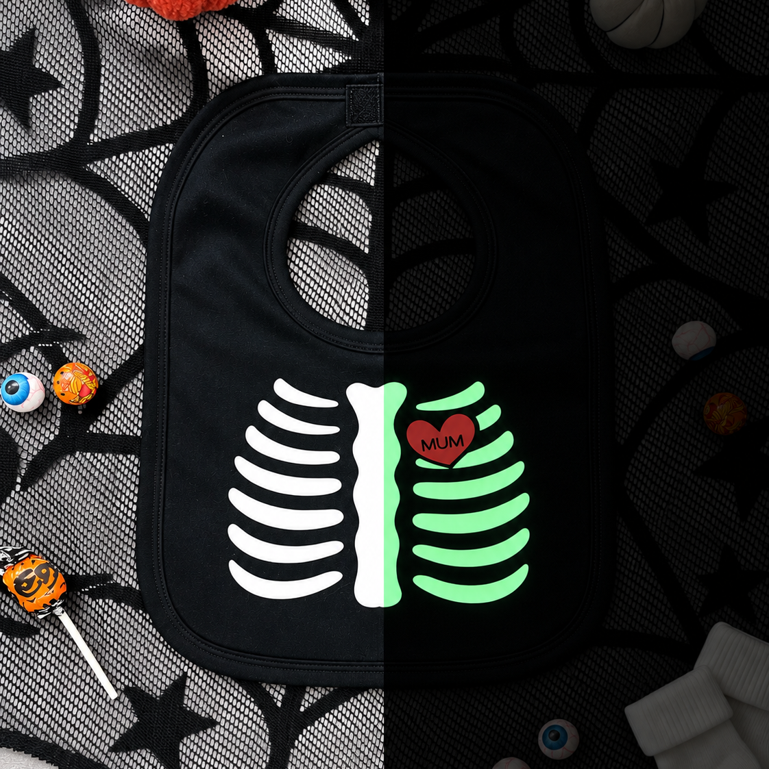 Black Skeleton Glow in the dark Bib