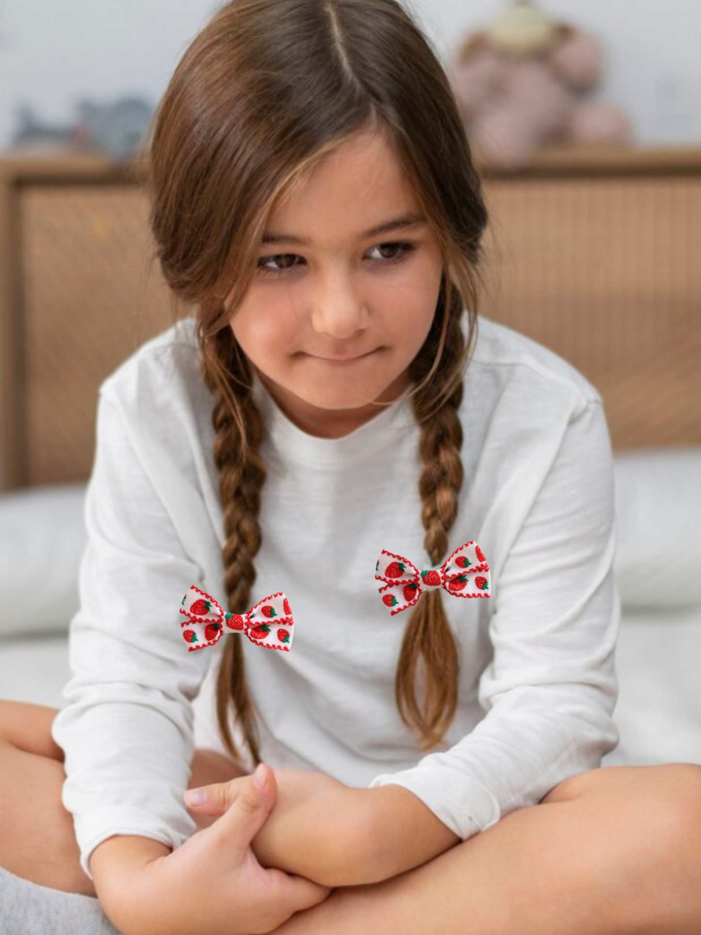 Girl's Strawberry embroidery Hair bow Set