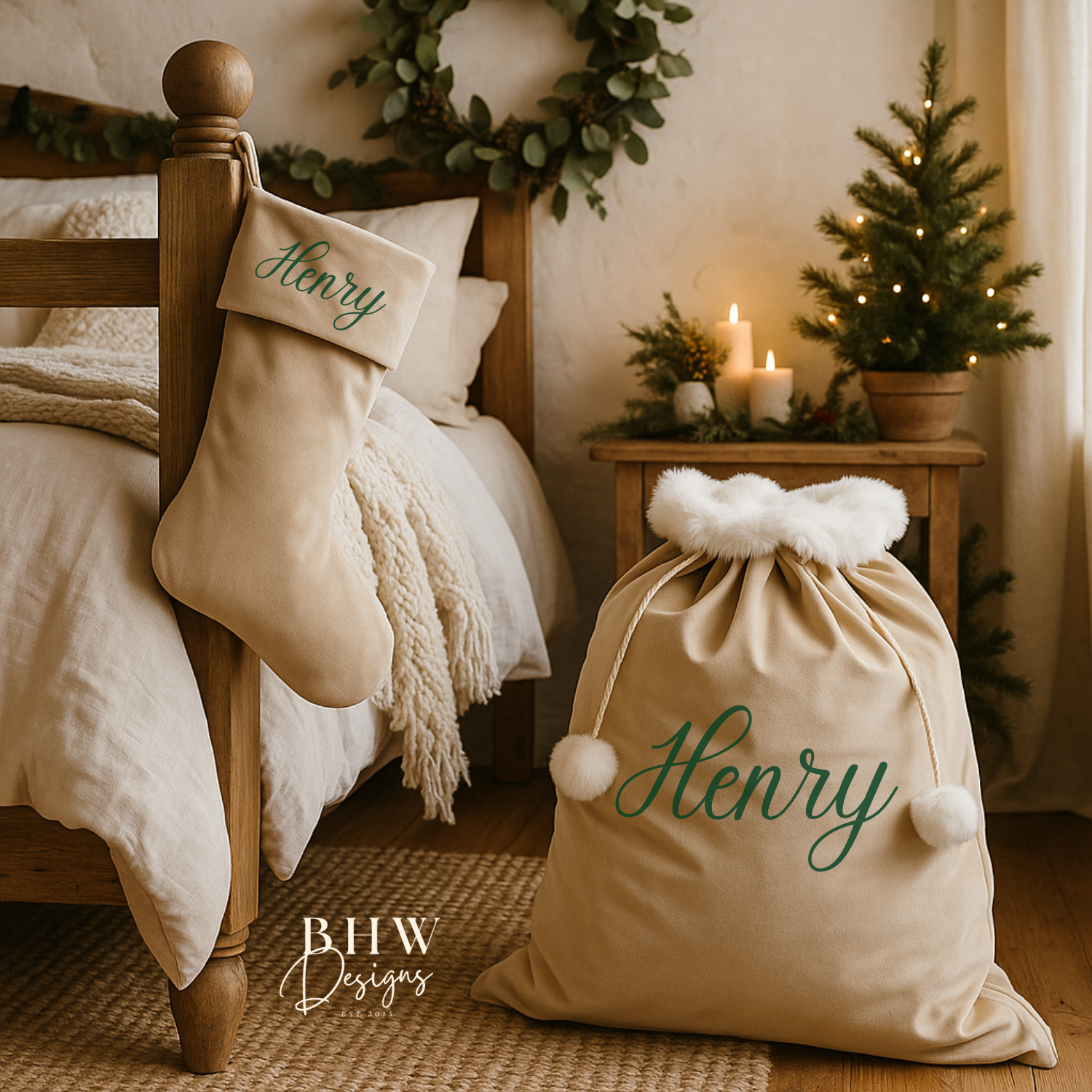 personalised Santa sack with 'Henry' with matching stocking on a bed in a cozy bedroom setting with Christmas decorations.